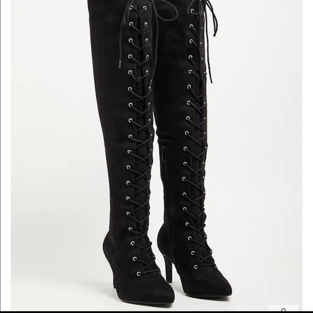 Black lace up over the knee heeled faux suede boots from torrid size 10